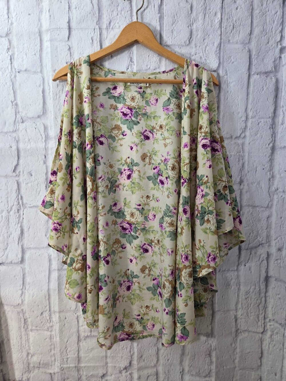 Leshop Medium Green Purple Floral Open Front Slit Arm Batwing Spring Kimono